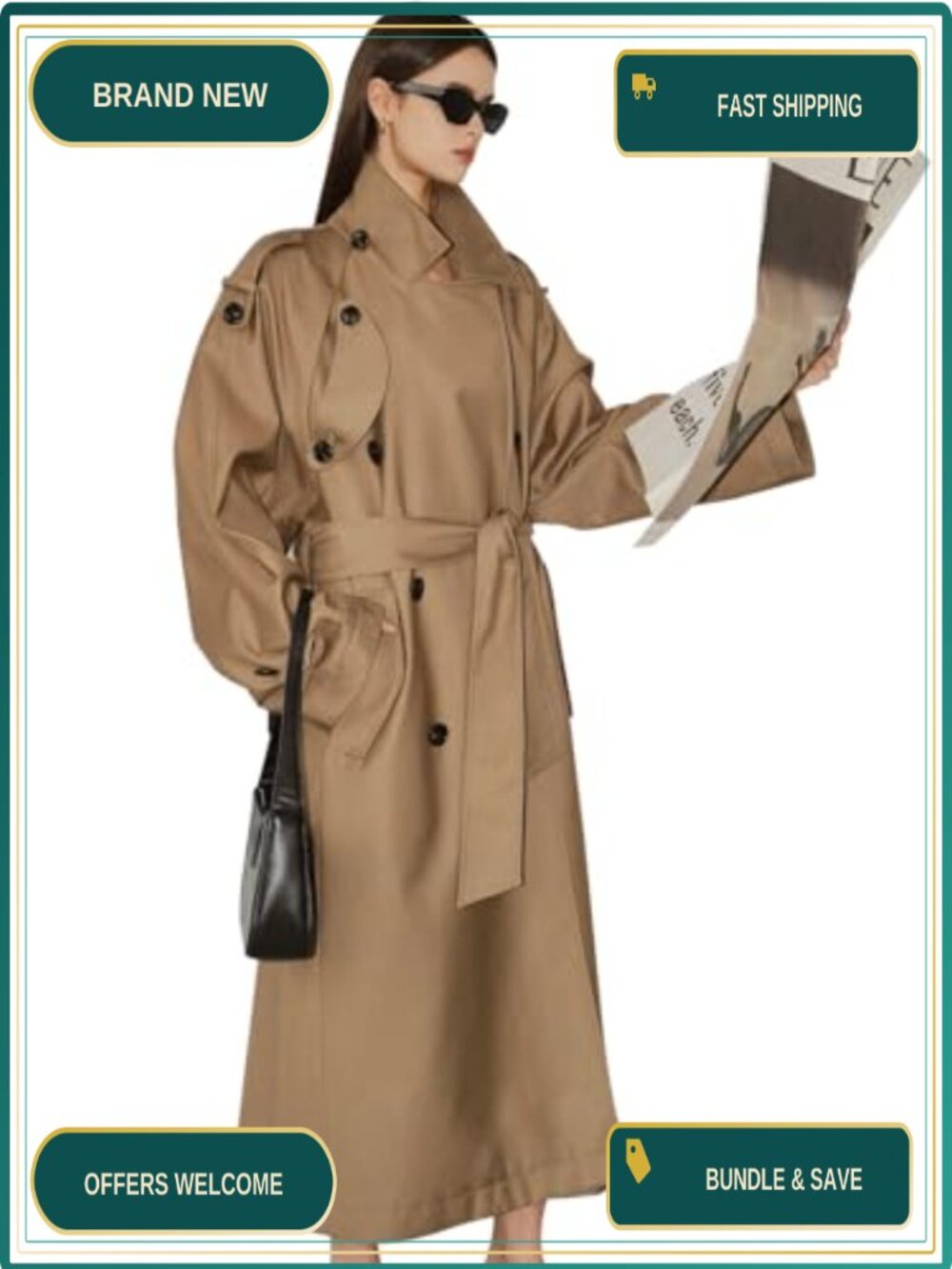Oversized Double-Breasted Belted Trench Coat Calf-Length Windbreaker